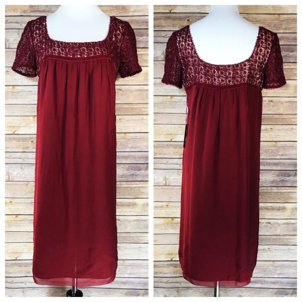 Vivienne Tam DRESS Red Silk Lace Yoke Shift Dress